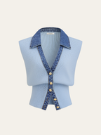 Denim-Accented Metal-Buttoned Knit Vest