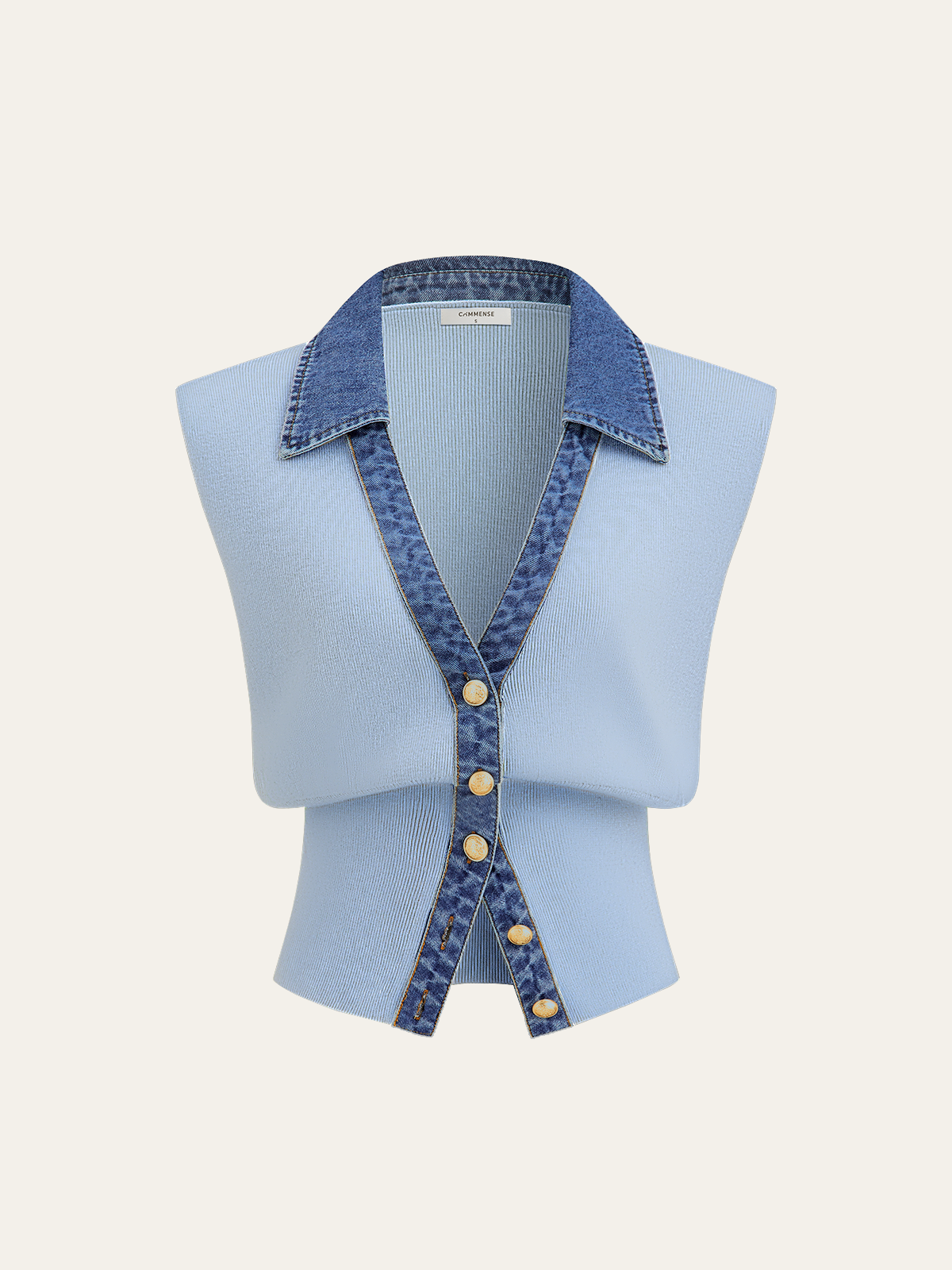 Denim-Accented Metal-Buttoned Knit Vest