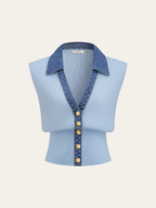 Denim-Accented Metal-Buttoned Knit Vest