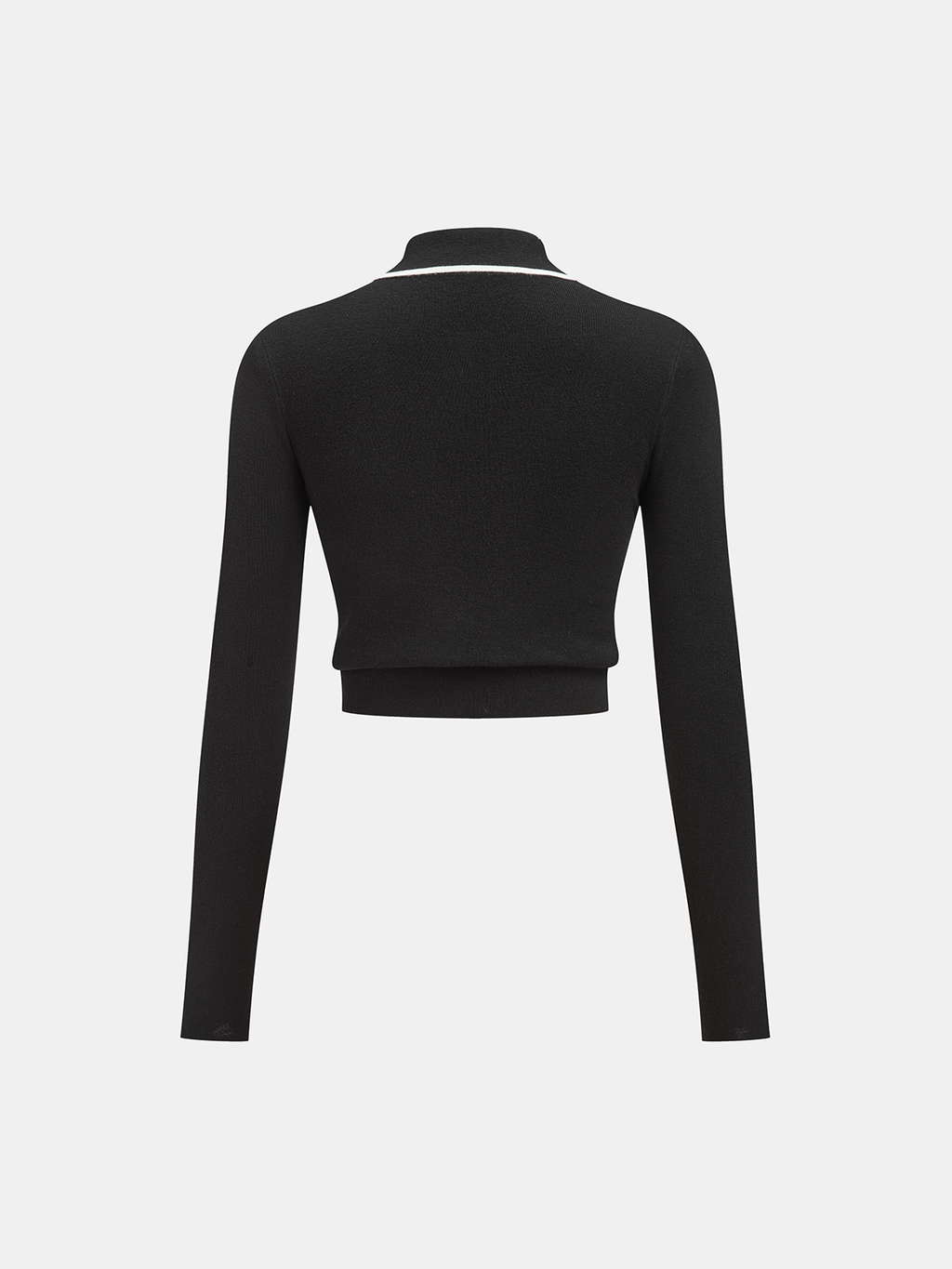 Black cropped asymmetric wool-blend polo with long sleeves and contrasting white neckline trim.