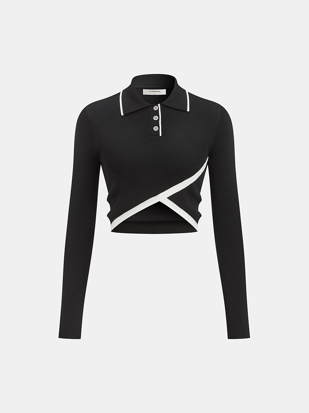 Black slim-fit polo crop with long sleeves, buttoned neckline, white trim, and diagonal stripe.