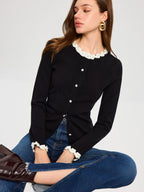 3D floral embroidered cardigan with pearl buttons, white neck and cuff trim, paired with blue jeans.