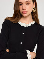 LA FINE FLEUR 3D Floral Embroidered Cardigan with elegant pearl buttons is displayed.