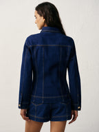 A fitted denim jacket with metal buttons, paired with matching denim shorts.