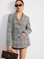 Plaid Wide Belted Blazer in Cotton Mix