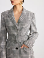Plaid wide belted blazer in cotton mix fabric, featuring a matching wide belt.