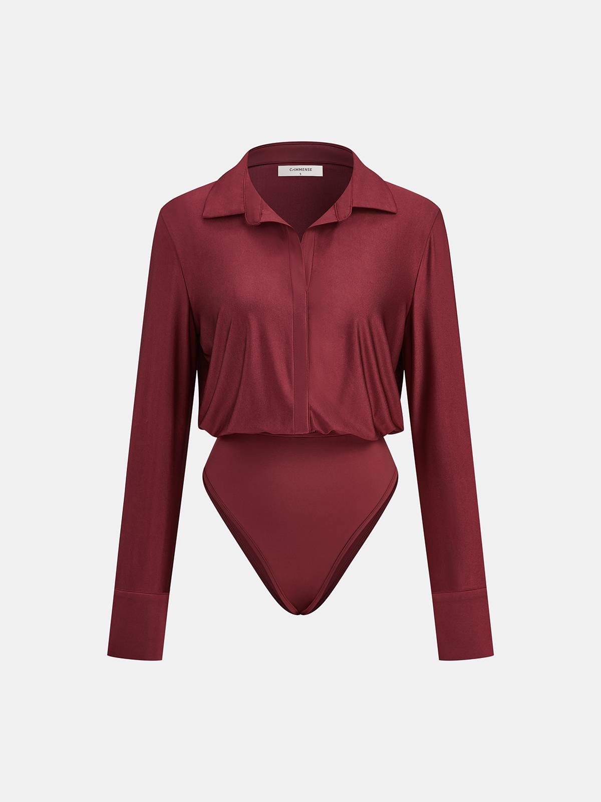 Long sleeve bodysuit with burgundy polo collar, button-up front, and soft jersey fabric.