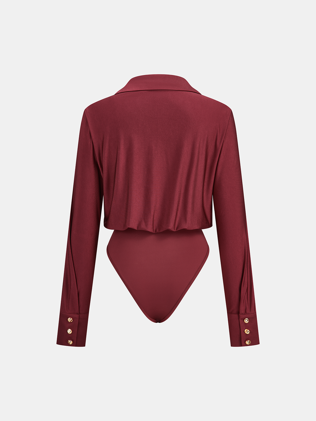 Deep red long sleeve bodysuit with polo collar, buttoned cuffs, cheeky cut, draped jersey.