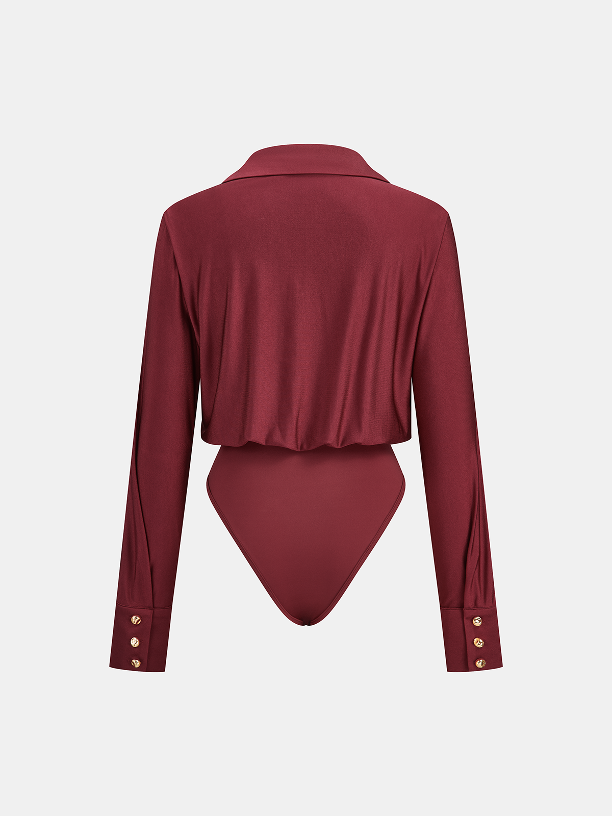 Deep red long sleeve bodysuit with polo collar, buttoned cuffs, cheeky cut, draped jersey.