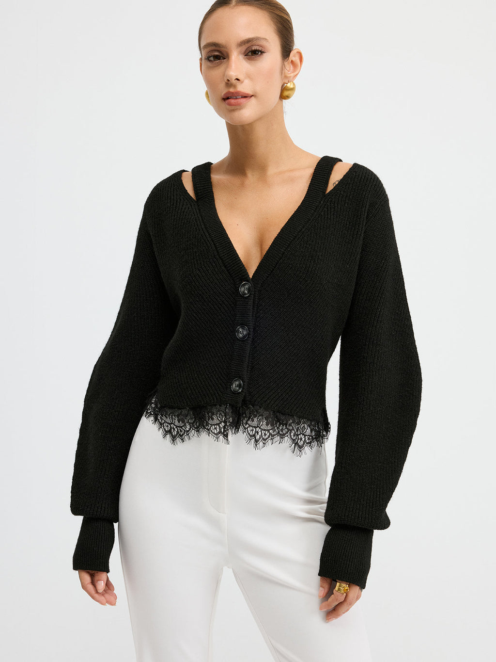 Wool Blend Cardigan Featuring Lace Hem Detail