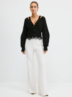 Wool Blend Cardigan Featuring Lace Hem Detail