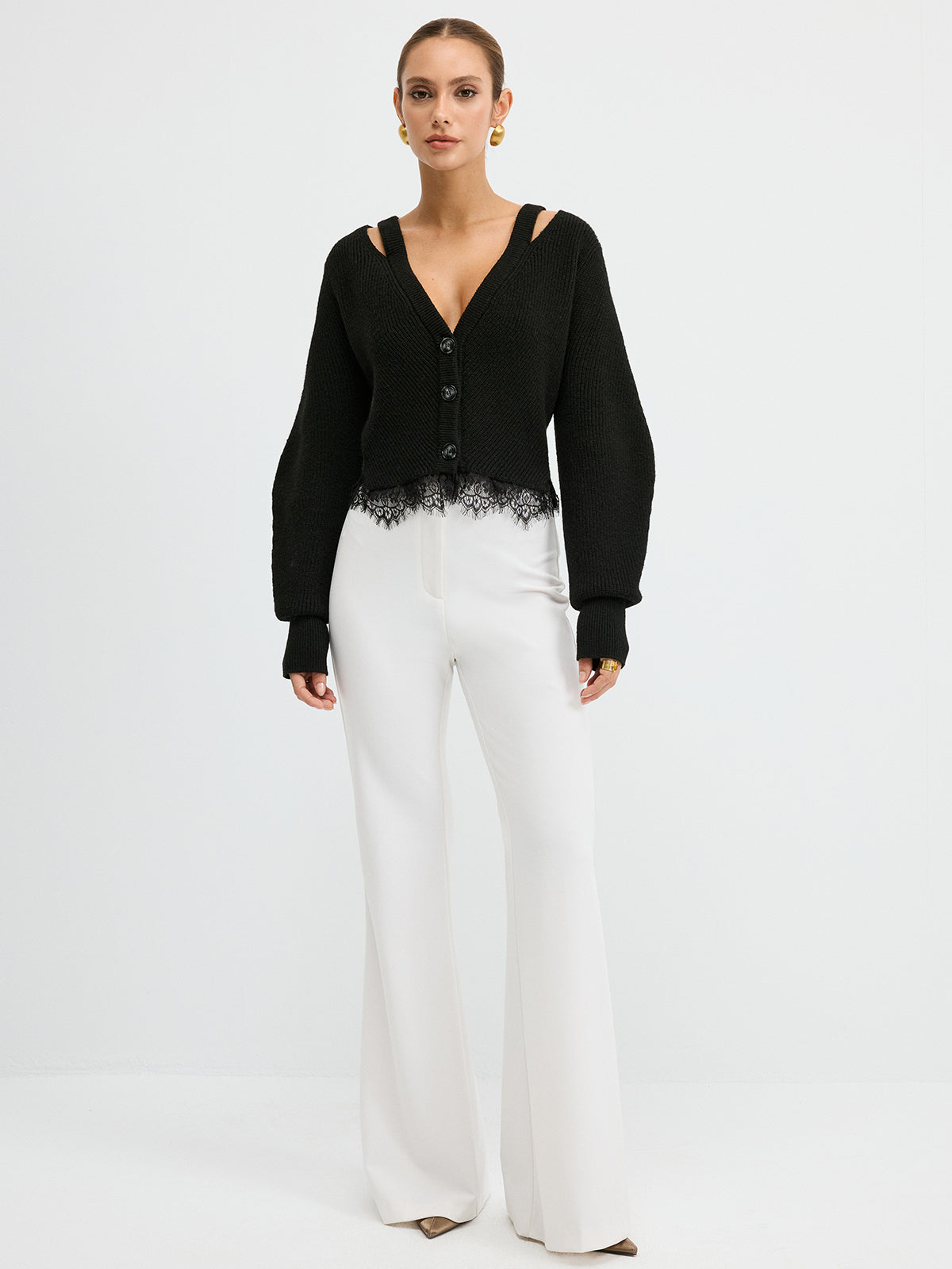 Wool Blend Cardigan Featuring Lace Hem Detail