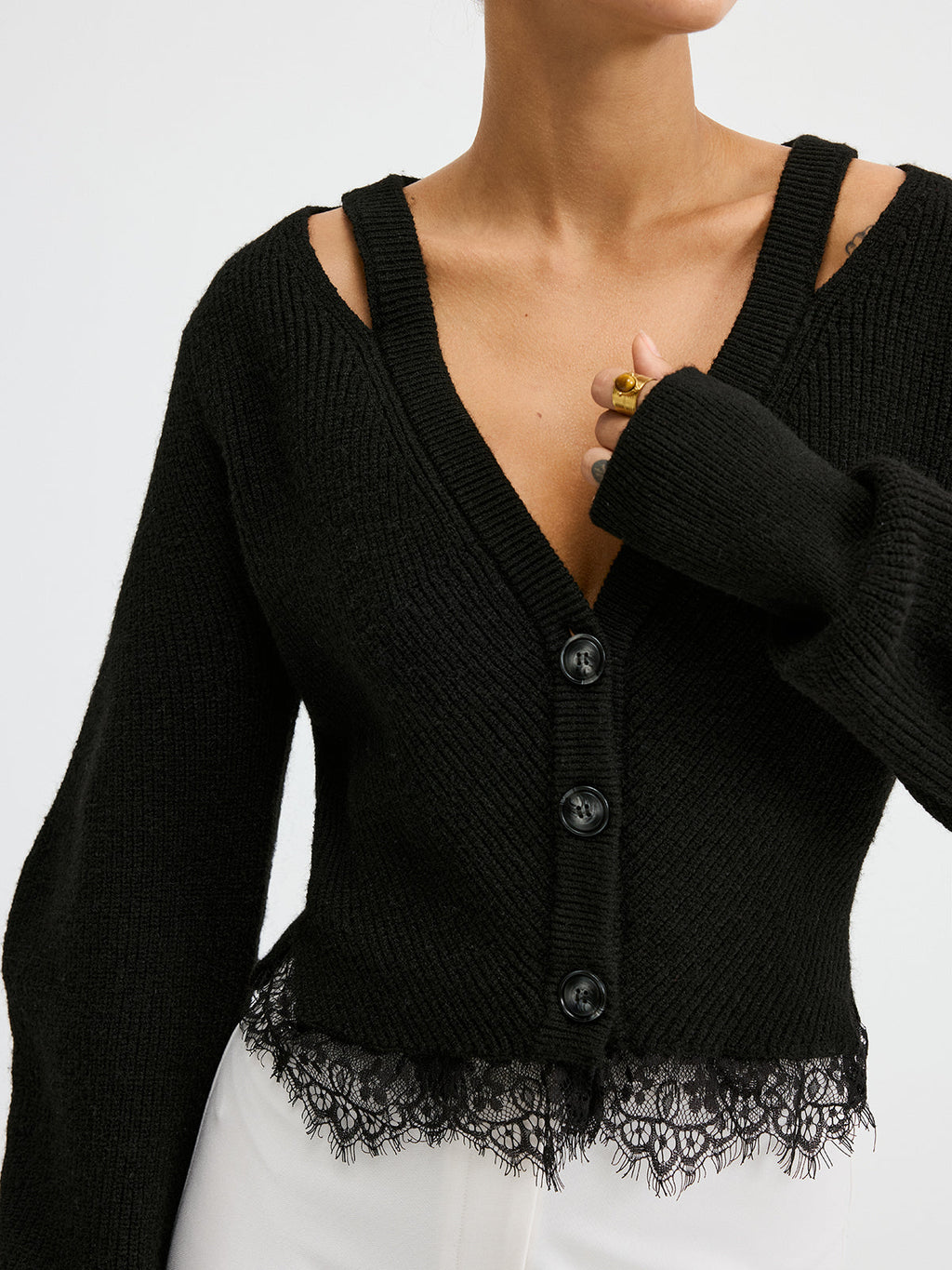 Wool Blend Cardigan Featuring Lace Hem Detail