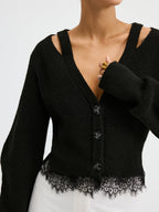 Wool Blend Cardigan Featuring Lace Hem Detail