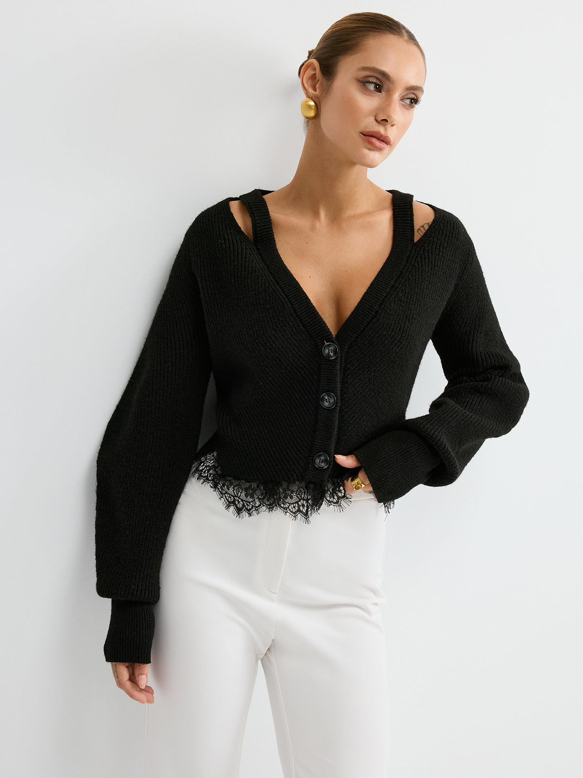 Wool Blend Cardigan Featuring Lace Hem Detail