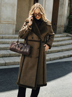Double-Breasted Longline Coat, Fleece & Faux Leather Detail