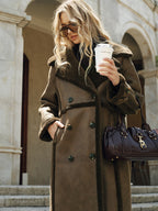 Double-Breasted Longline Coat, Fleece & Faux Leather Detail