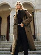Double-Breasted Longline Coat, Fleece & Faux Leather Detail