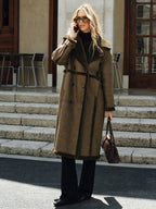 Double-Breasted Longline Coat, Fleece & Faux Leather Detail