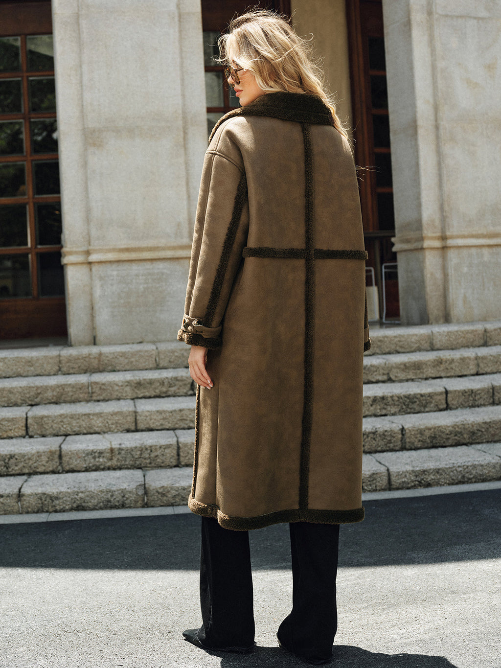 Double-Breasted Longline Coat, Fleece & Faux Leather Detail