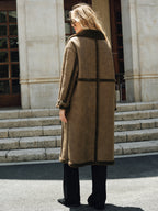 Double-Breasted Longline Coat, Fleece & Faux Leather Detail