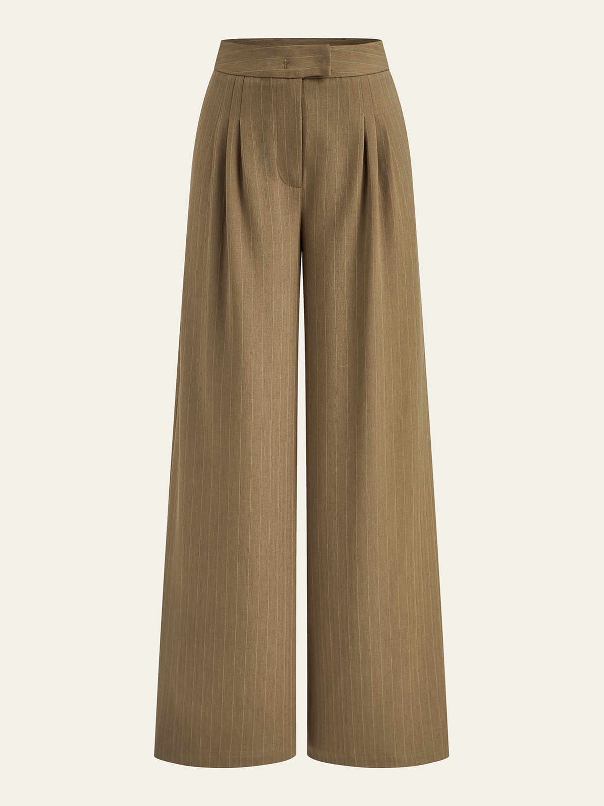 Brown wide-leg trousers with subtle vertical stripes, high waist, pleats, and button closure.