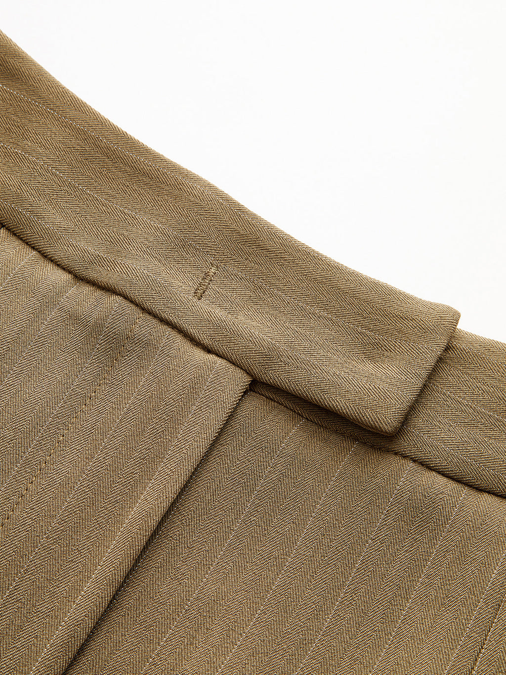 Striped pleated trousers with wide-leg cut, featuring detailed waistband stitching and textured fabric.