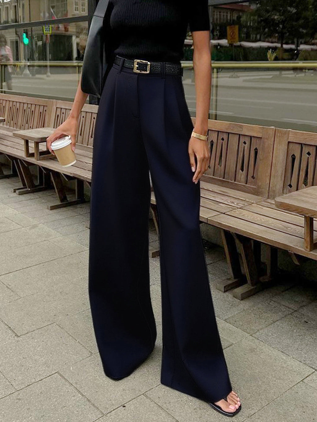 Stylish Wide Leg Pants, Belt Sold Separately