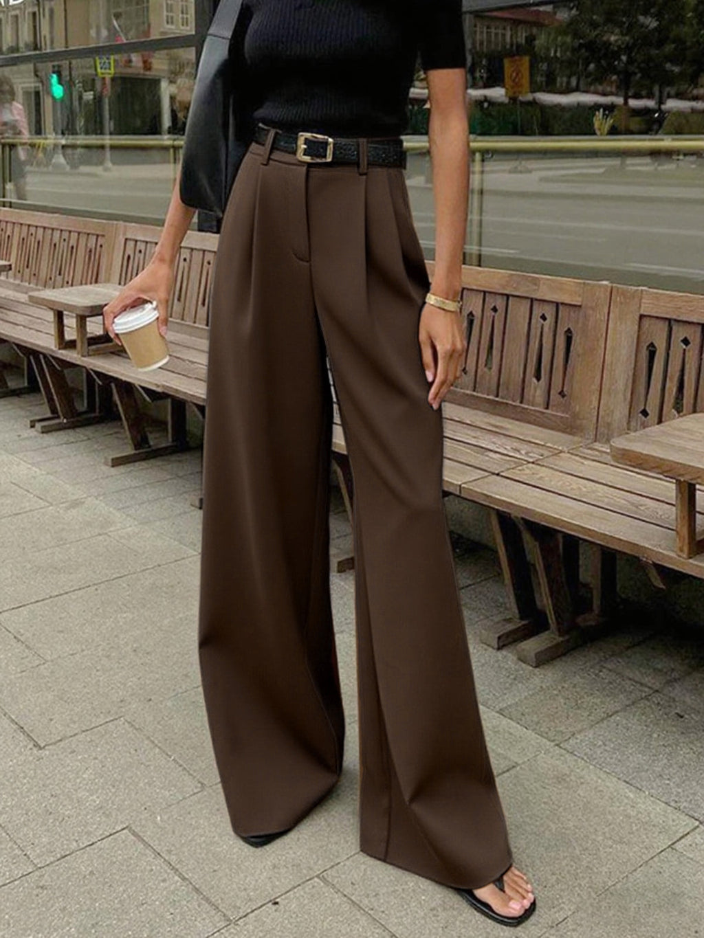 Stylish Wide Leg Pants, Belt Sold Separately