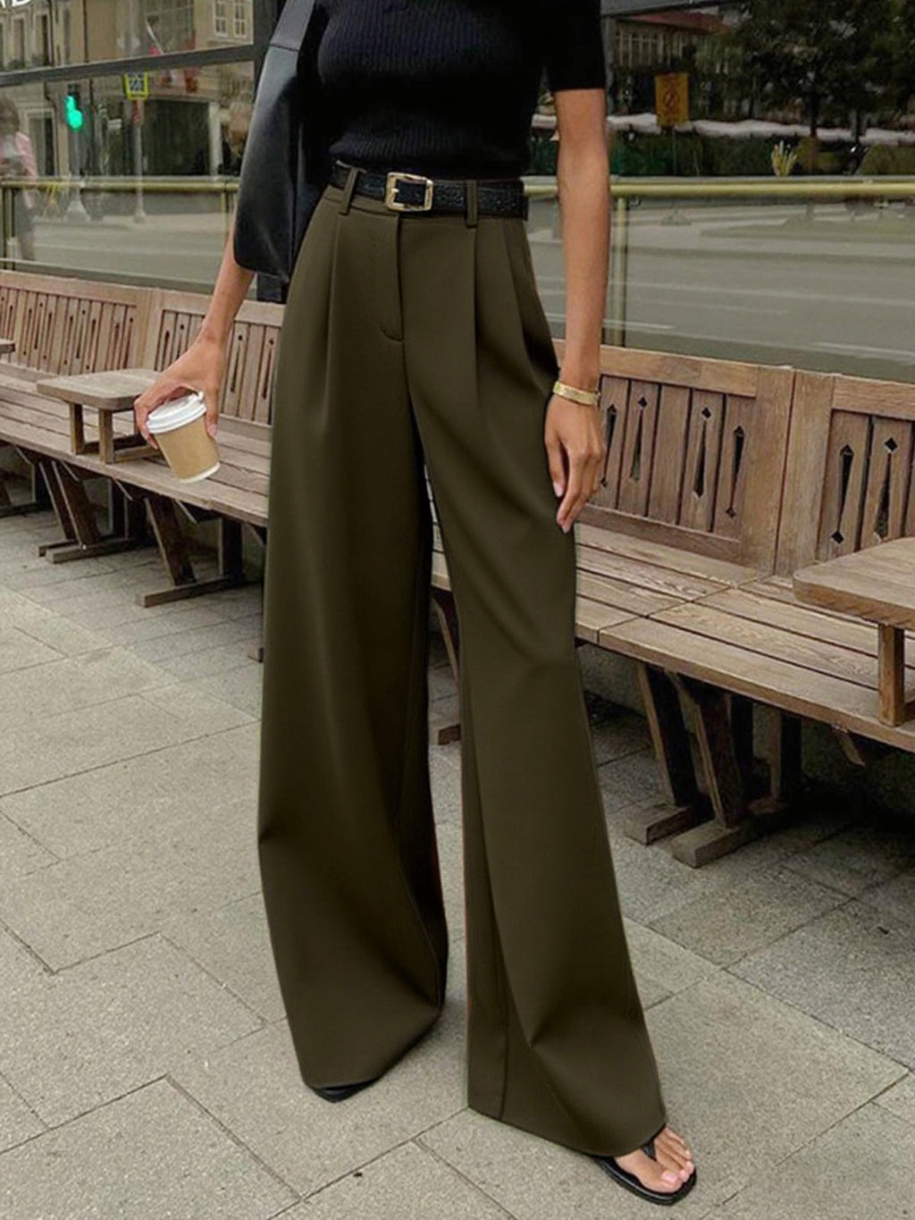 Stylish Wide Leg Pants, Belt Sold Separately