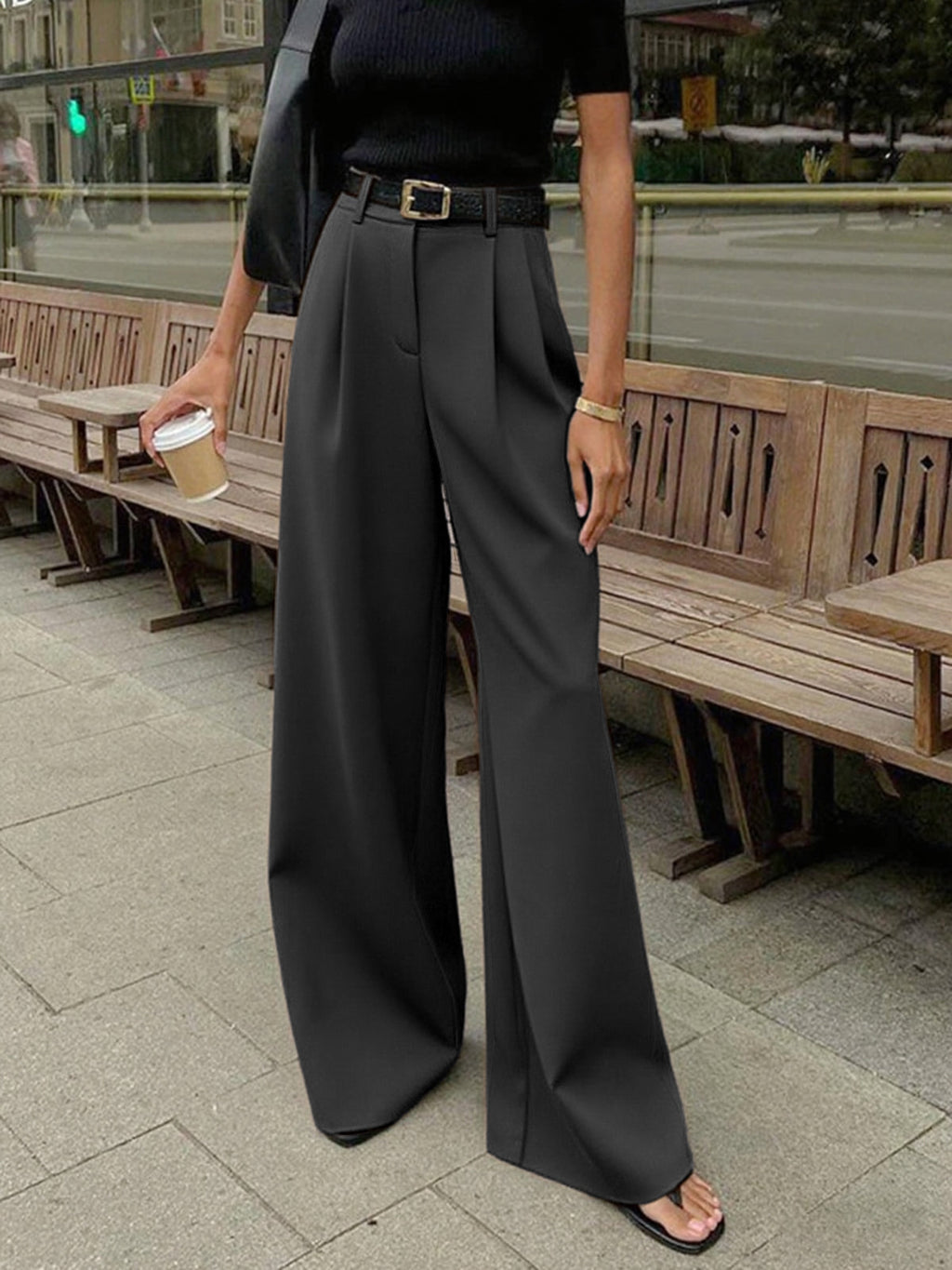 Stylish Wide Leg Pants, Belt Sold Separately