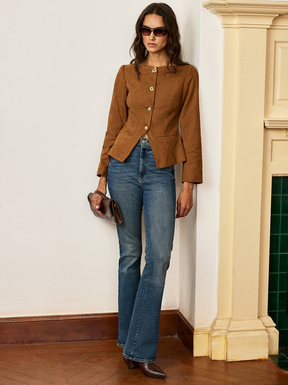 Suede-Effect Jacket with Fitted Metal Buttons