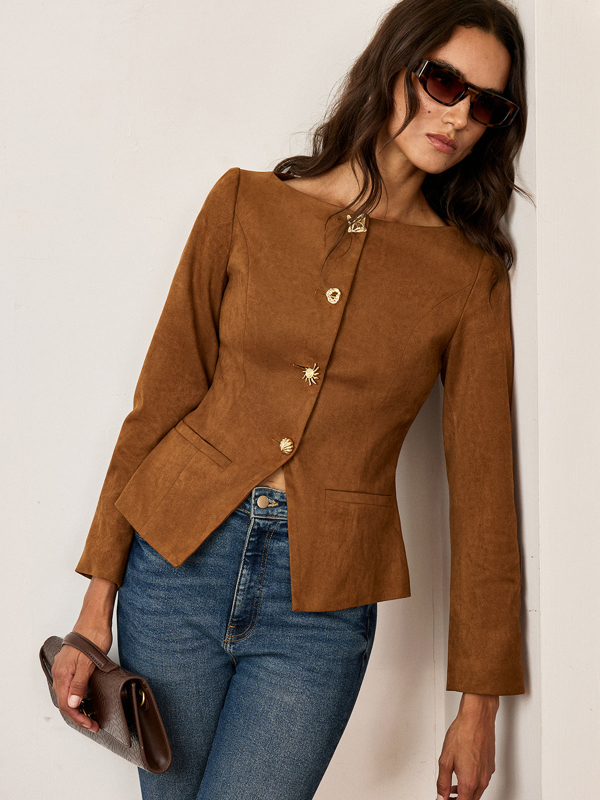 Suede-Effect Jacket with Fitted Metal Buttons