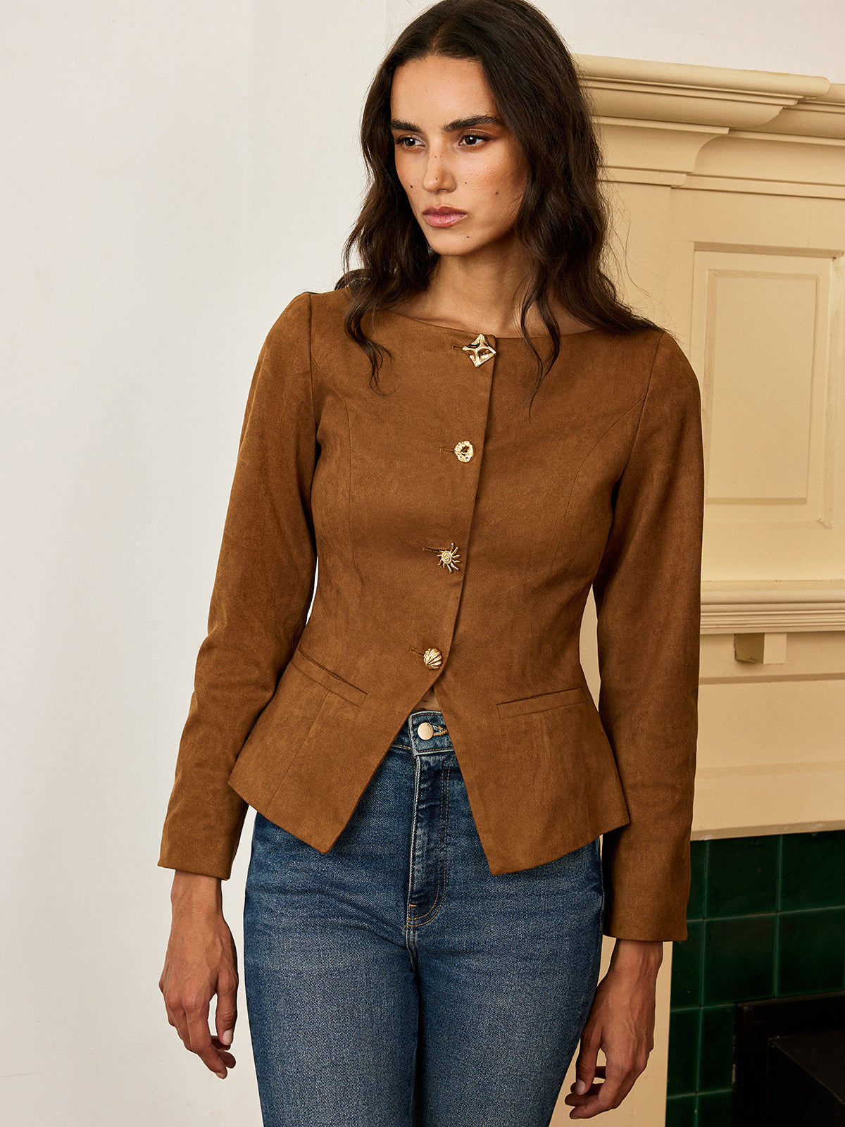 Suede-Effect Jacket with Fitted Metal Buttons