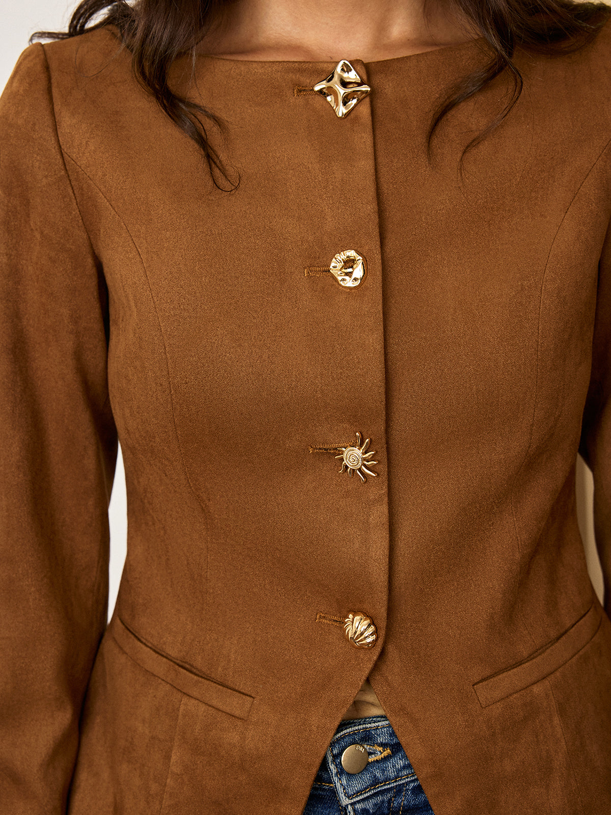 Suede-Effect Jacket with Fitted Metal Buttons