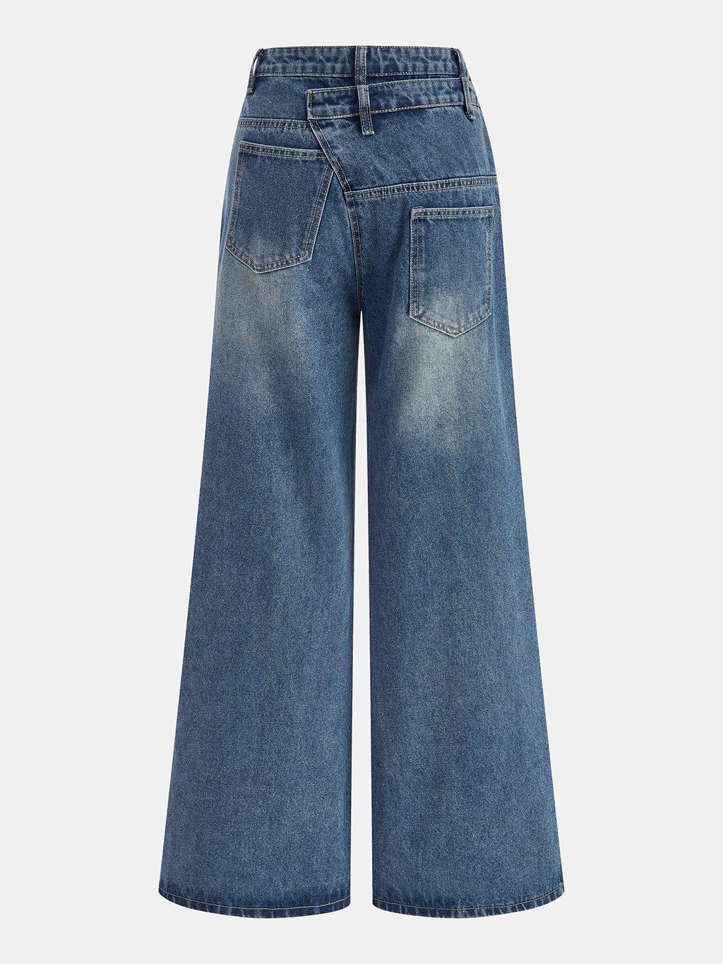 Wide-leg blue denim jeans with asymmetric button accents, two back pockets, and subtle fading.