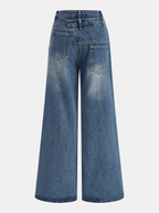 Wide-leg blue denim jeans with asymmetric button accents, two back pockets, and subtle fading.