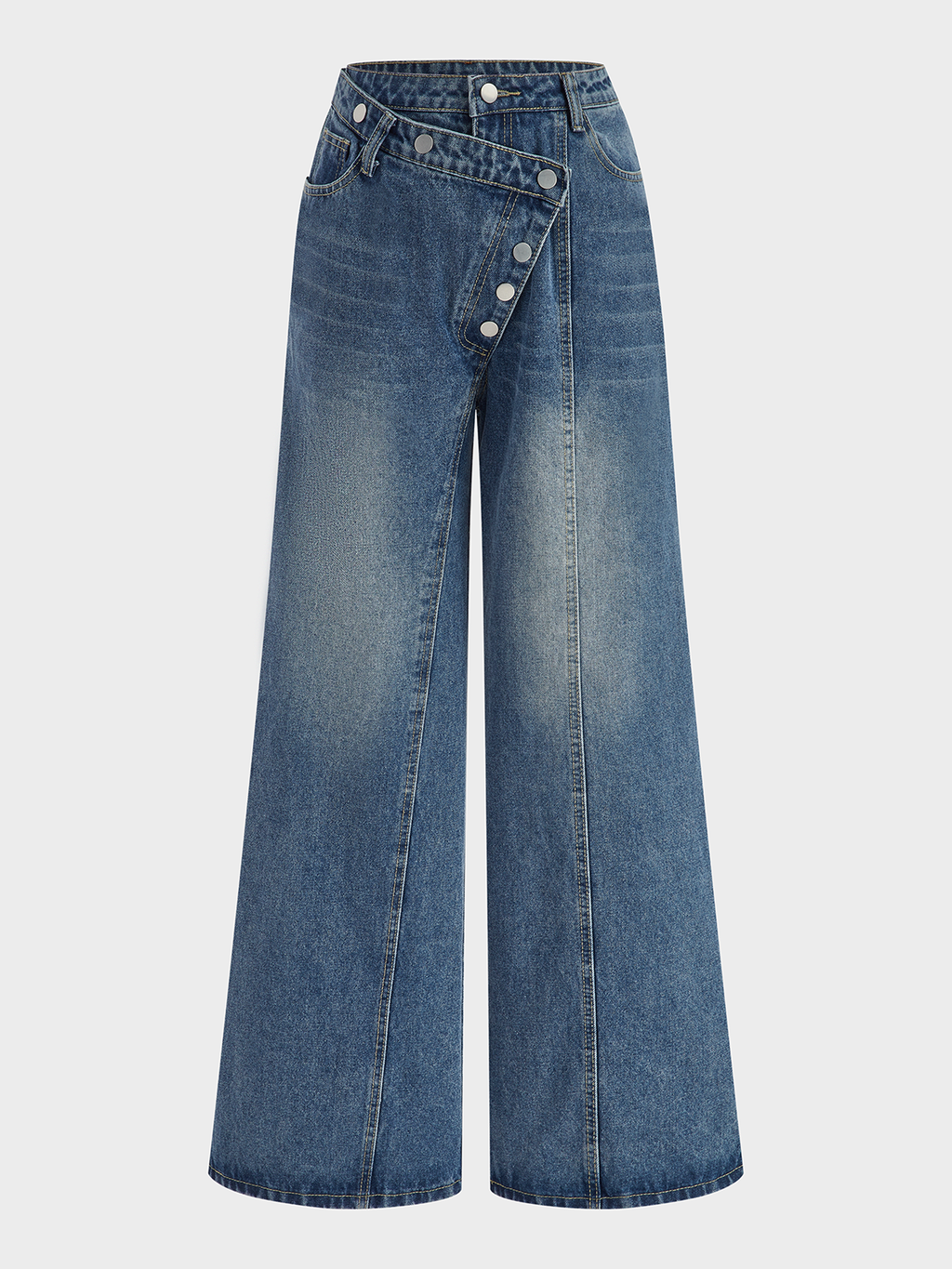 Asymmetric Jeans with Unique Button Accents