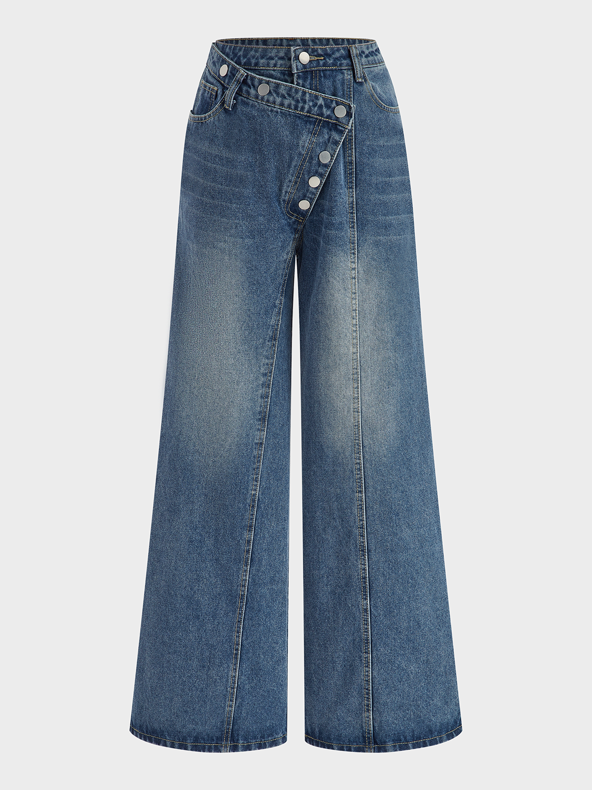Asymmetric Jeans with Unique Button Accents