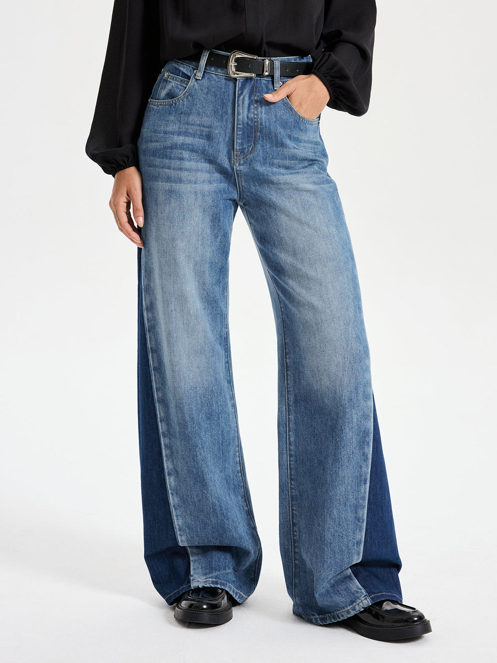 LA FINE FLEUR’s Two-Tone Wide Leg Barrel Jeans, black belt, long-sleeve shirt, shoes.