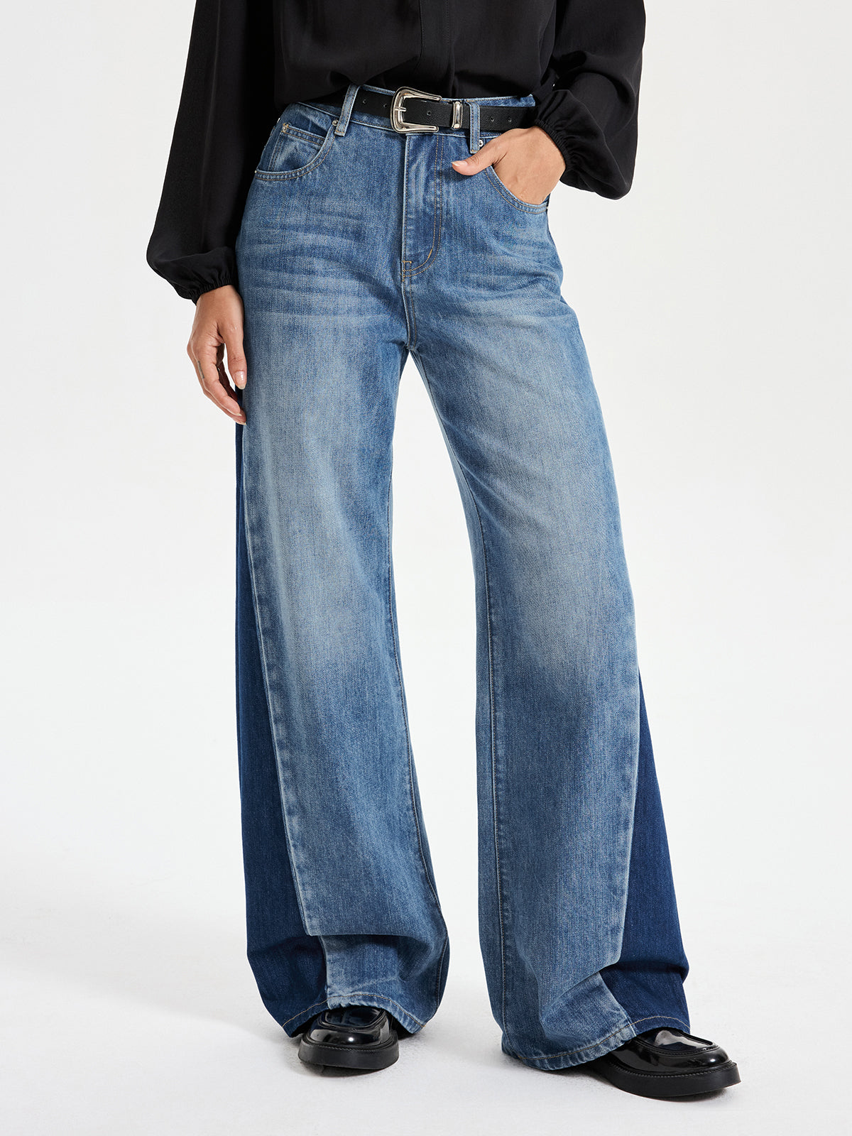 LA FINE FLEUR’s Two-Tone Wide Leg Barrel Jeans, black belt, long-sleeve shirt, shoes.