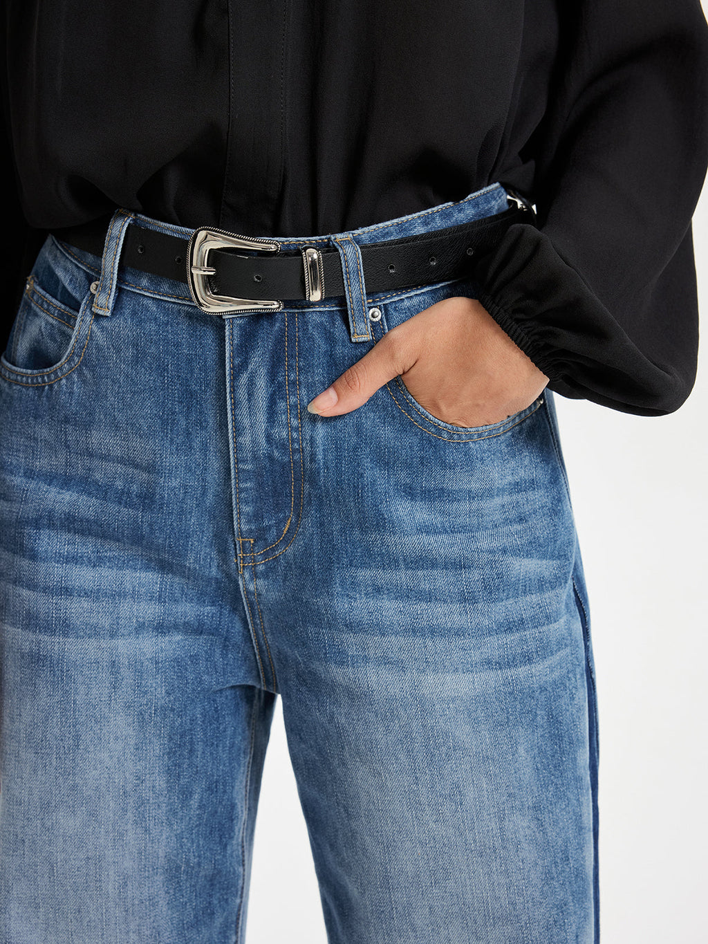 Two-Tone Wide Leg Barrel Jeans from LA FINE FLEUR with a black long-sleeve shirt.