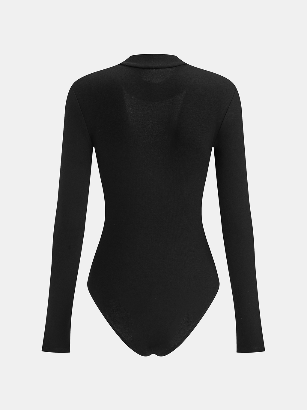 Sheer black mesh crew neck bodysuit with long fitted sleeves and sleek design.