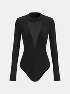 Black mesh long-sleeve bodysuit with sheer V chest, fitted silhouette, and solid black bottom.