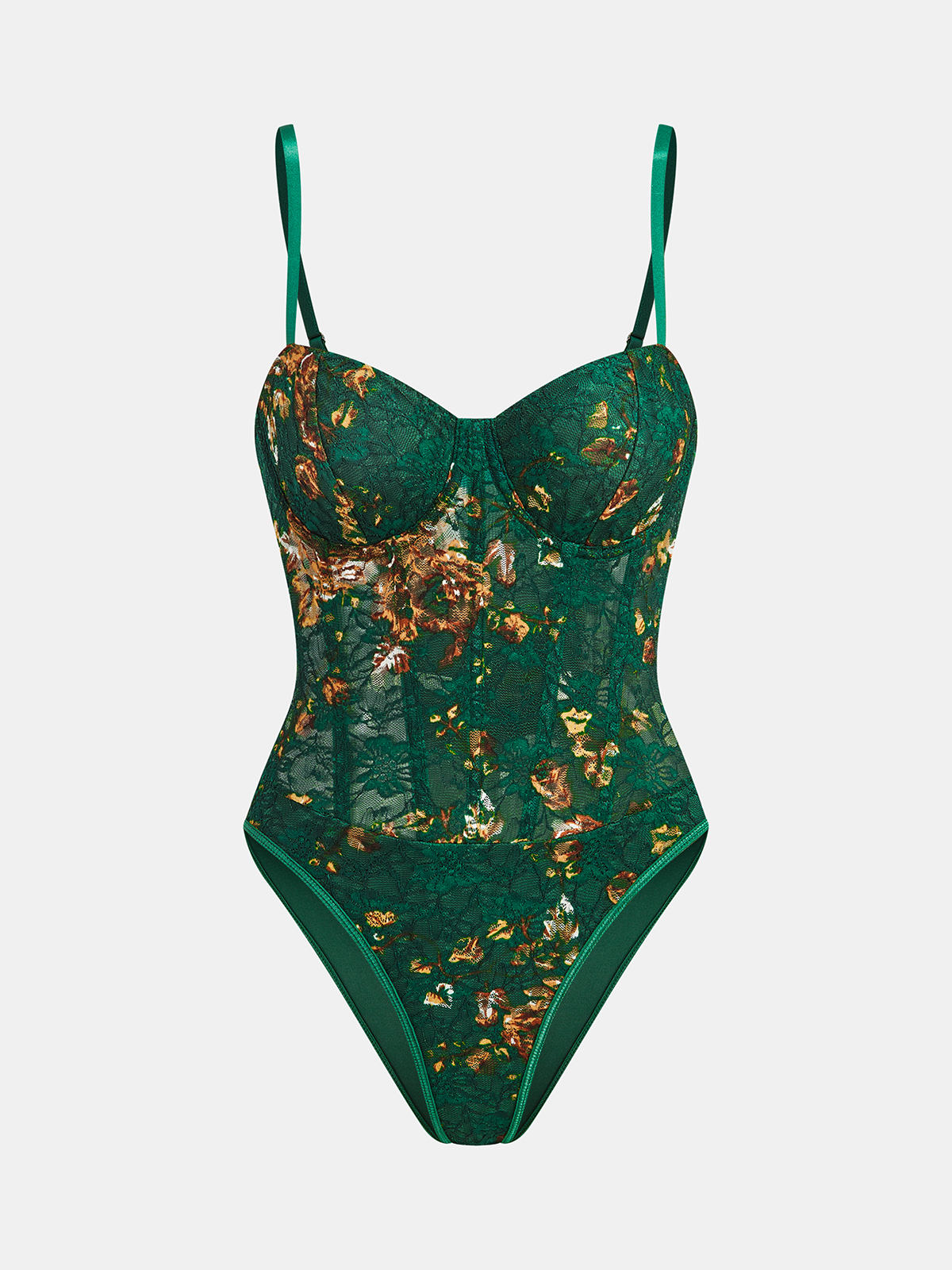Floral embroidered bustier corset bodysuit with green lace, brown and gold prints.