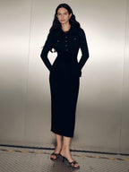 LA FINE FLEUR long sleeve maxi dress with collar detail, featuring elegant tailoring.