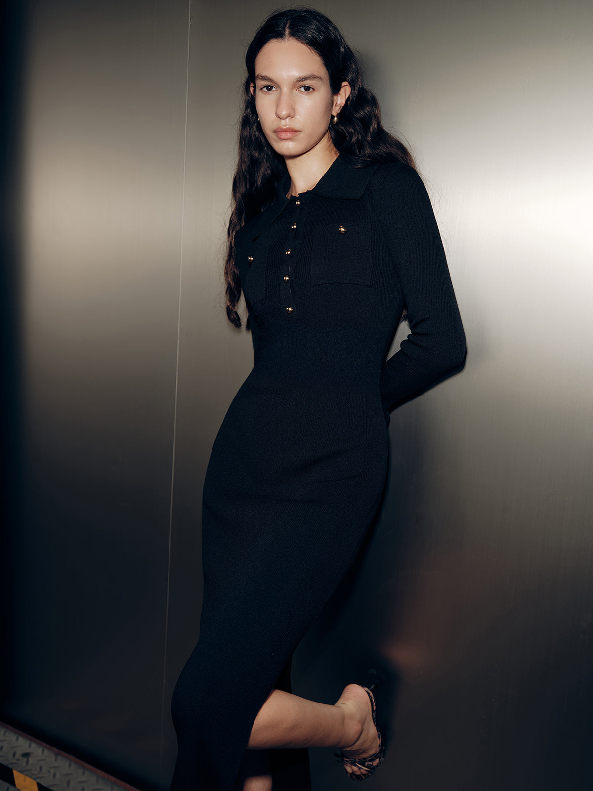 The LA FINE FLEUR Long Sleeve Maxi Dress featuring a collar detail and elegant silhouette.