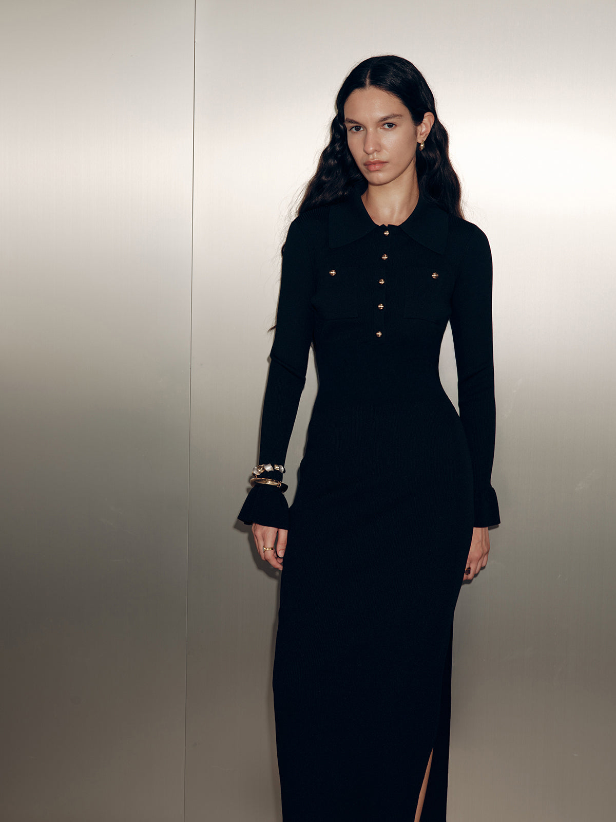 The LA FINE FLEUR Long Sleeve Maxi Dress with Collar Detail in a flowing silhouette.