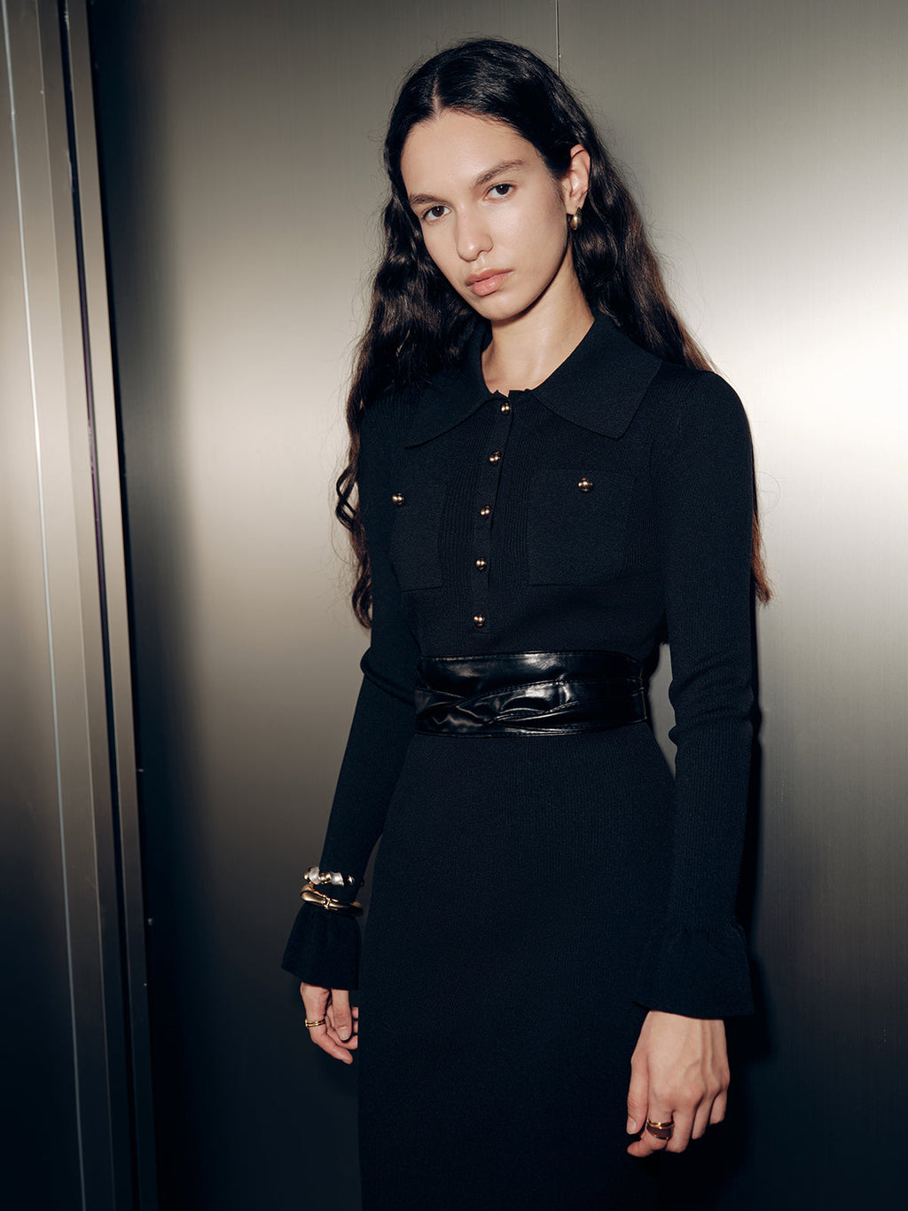 A LA FINE FLEUR long sleeve maxi dress with a collar detail and wide black belt.