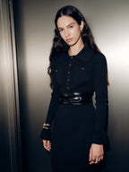 A LA FINE FLEUR long sleeve maxi dress with a collar detail and wide black belt.